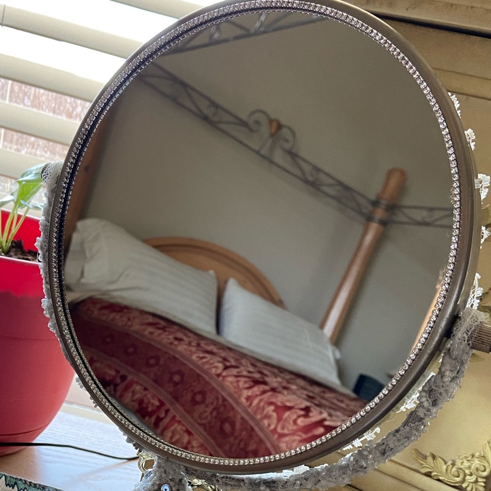 Beautifully Embellished Standing Tabletop Antique Mirror - Picture 4 of 14